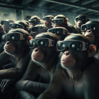 A crowd of monkeys wearing virtual reality glasses. A vision for the future