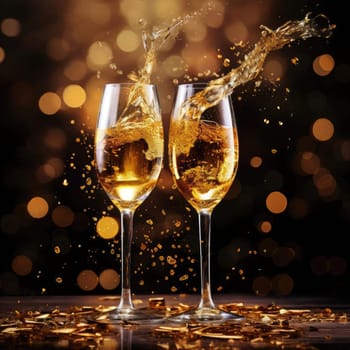 Two glasses of champagne on a blurred background with a golden hue