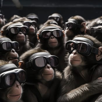 A crowd of monkeys wearing virtual reality glasses. A vision for the future