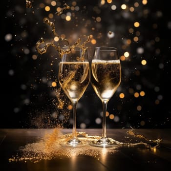 Two glasses of champagne on a blurred background with a golden hue