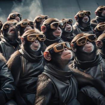 A crowd of monkeys wearing virtual reality glasses. A vision for the future