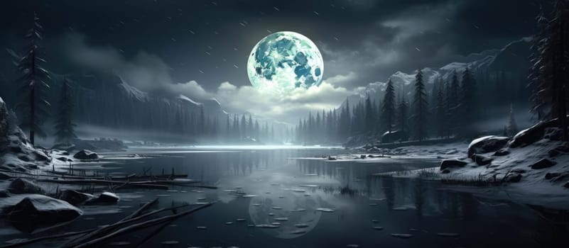 Dramatic landscape. Lesi and the lake against the background of the moon. Cinematic