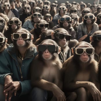 A crowd of monkeys wearing virtual reality glasses. A vision for the future