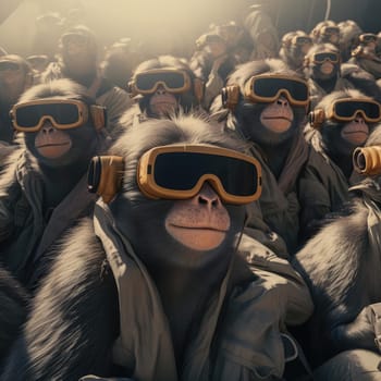 A crowd of monkeys wearing virtual reality glasses. A vision for the future