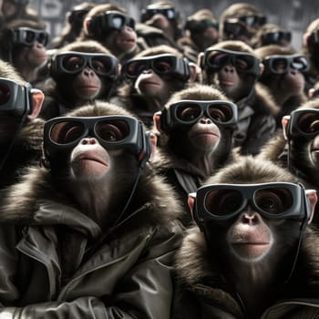 A crowd of monkeys wearing virtual reality glasses. A vision for the future