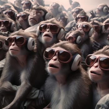 A crowd of monkeys wearing virtual reality glasses. A vision for the future