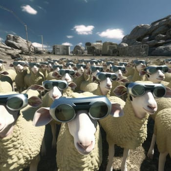 A herd of sheep wearing virtual reality glasses. A vision for the future