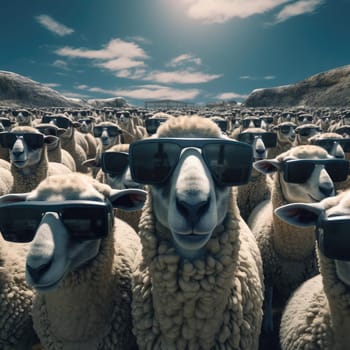 A herd of sheep wearing virtual reality glasses. A vision for the future