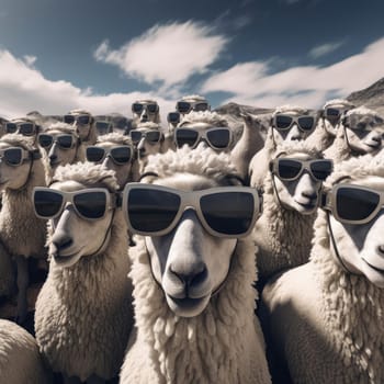 A herd of sheep wearing virtual reality glasses. A vision for the future