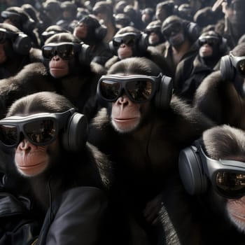 A crowd of monkeys wearing virtual reality glasses. A vision for the future