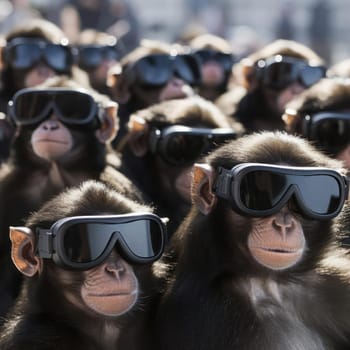 A crowd of monkeys wearing virtual reality glasses. A vision for the future