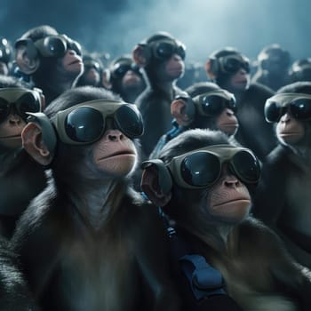 A crowd of monkeys wearing virtual reality glasses. A vision for the future