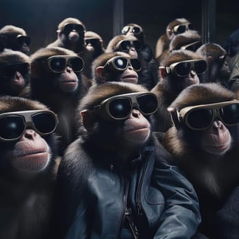 A crowd of monkeys wearing virtual reality glasses. A vision for the future