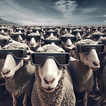 A herd of sheep wearing virtual reality glasses. A vision for the future