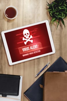 Virus warning alert on computer screen detected modish cyber threat , hacker, computer virus and malware