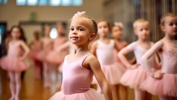 Portrait of a cute and proud little ballerina in pink ballet costume and pointe shoes is dancing in the room. Kid in dance class. Child girl is studying ballet. wearing a pink tutu skirt beauty