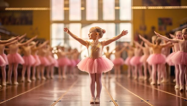 Portrait of a cute and proud little ballerina in pink ballet costume and pointe shoes is dancing in the room. Kid in dance class. Child girl is studying ballet. wearing a pink tutu skirt beauty