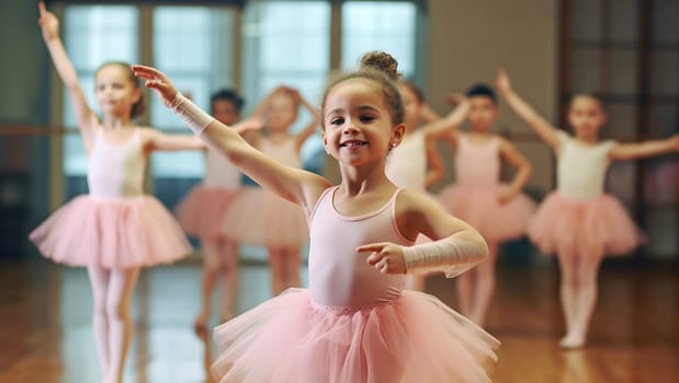 Portrait of a cute and proud little ballerina in pink ballet costume and pointe shoes is dancing in the room. Kid in dance class. Child girl is studying ballet. wearing a pink tutu skirt beauty