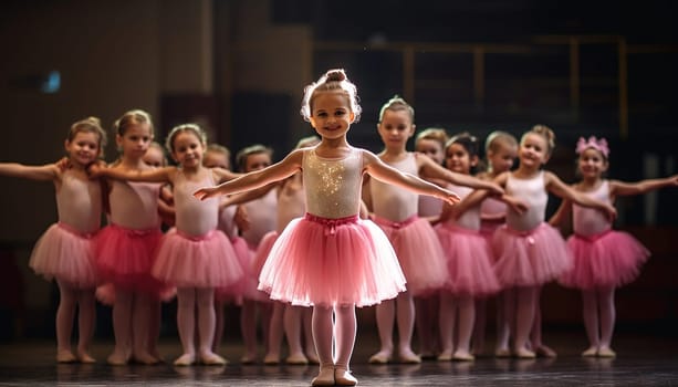 Portrait of a cute and proud little ballerina in pink ballet costume and pointe shoes is dancing in the room. Kid in dance class. Child girl is studying ballet. wearing a pink tutu skirt beauty