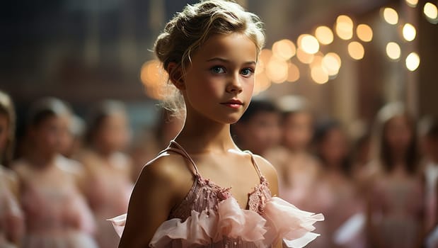 Portrait of a cute and proud little ballerina in pink ballet costume and pointe shoes is dancing in the room. Kid in dance class. Child girl is studying ballet. wearing a pink tutu skirt beauty