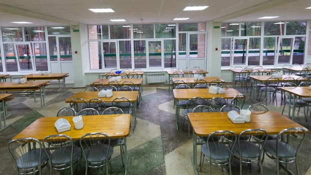 Chairs and tables. The dining hall is quarantined.