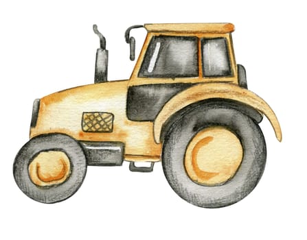 Yellow tractor. Watercolor hand drawn illustration. Perfect for kid posters or stickers.
