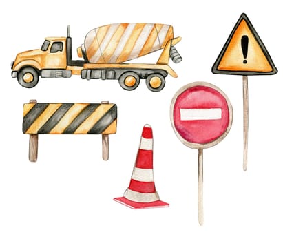 Road signsand yellow concrete mixer. Watercolor hand drawn illustration. Perfect for kid posters or stickers.