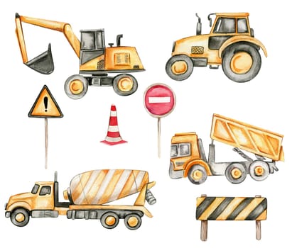 Road signs, yellow concrete mixer, tractor, truck and excavator. Watercolor hand drawn illustration. Perfect for kid posters or stickers.