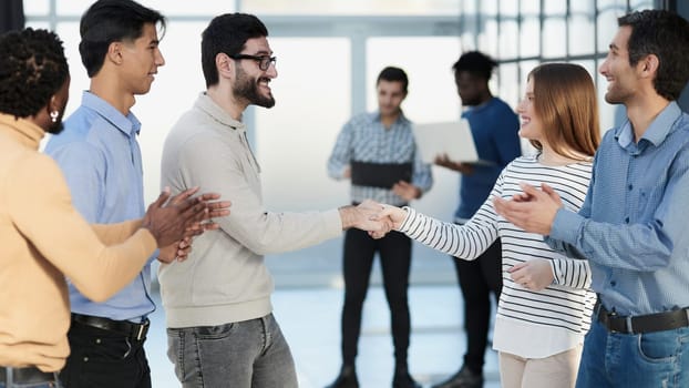 Business people stand and work in an office building