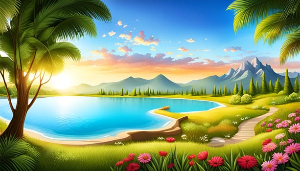 Colorful summer landscape with palm trees, flowers, green grass, water and mountain by sunset - Generative AI