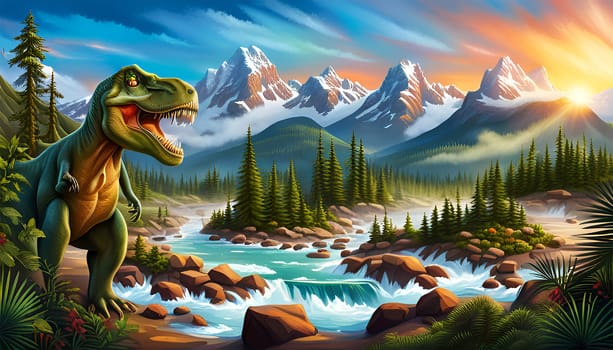 Tyrannosaurus rex dinosaur roaring in the nature near a river by sunset - Generative AI