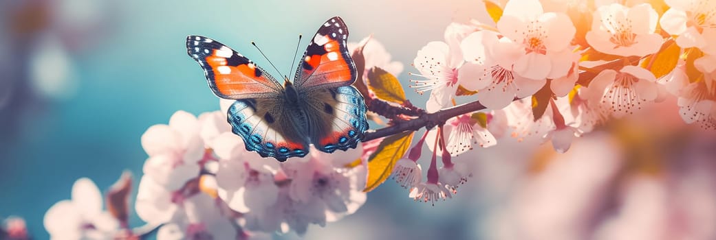 The butterfly is sitting on Pink cherry blossoms branch on the blurred blue sky background. Long banner with Spring flowers of cherries tree