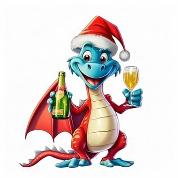 Illustration of a cheerful dragon in a New Year's red cap, with a glass of champagne. Generative AI. High quality illustration