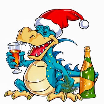 Illustration of a cheerful dragon in a New Year's red cap, with a glass of champagne. Generative AI. High quality illustration