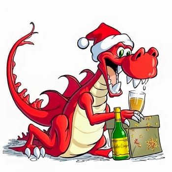 Illustration of a cheerful dragon in a New Year's red cap, with a glass of champagne. Generative AI. High quality illustration