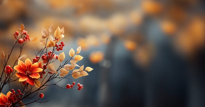 Colorful autumn plants background, brown,yellow orange fall colored with blurred background. Trees Leaves in vintage color with copy space beauty