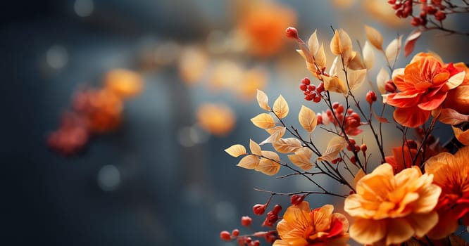 Colorful autumn plants background, brown,yellow orange fall colored with blurred background. Trees Leaves in vintage color with copy space beauty