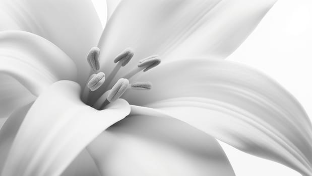 Black and white image of the delicate petals of a Lilly flower against a white background beautiful soft nature design Beauty