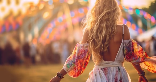 Happy young girl in bohemian outfits party away at a music festival or other hippie celebration. A young girl dances to the groove. summer vacation, boho concept Copy space having fun