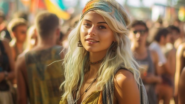Happy young girl in bohemian outfits party away at a music festival or other hippie celebration. A young girl dances to the groove. summer vacation, boho concept Copy space having fun