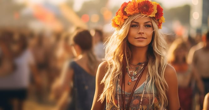 Happy young girl in bohemian outfits party away at a music festival or other hippie celebration. A young girl dances to the groove. summer vacation, boho concept Copy space having fun