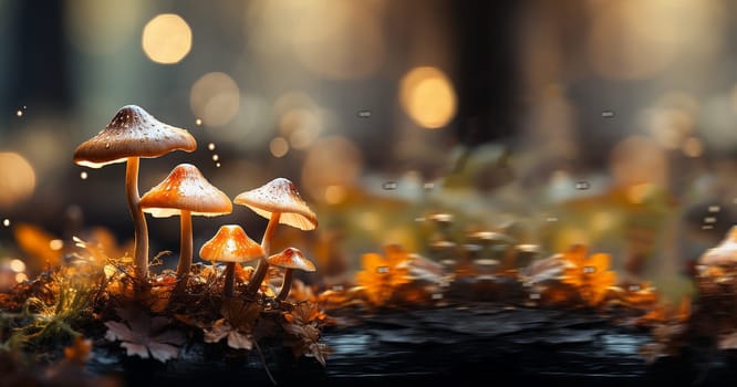 beautiful closeup of forest mushrooms in grass, autumn season. little fresh mushrooms, growing in Autumn Forest. mushrooms and leafs in forest. Mushroom picking concept. Magical colorful yellow fall background copy space