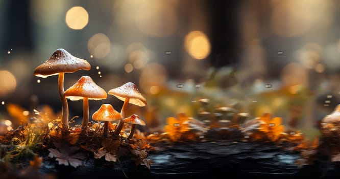 beautiful closeup of forest mushrooms in grass, autumn season. little fresh mushrooms, growing in Autumn Forest. mushrooms and leafs in forest. Mushroom picking concept. Magical colorful yellow fall background copy space