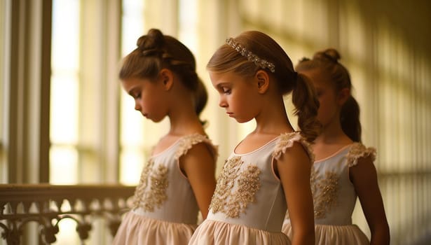 Cute ballerina little girls in pink tutu dance practice in the room, kid ballet concept. Adorable children dancing together classical ballet in studio cute performance in pink