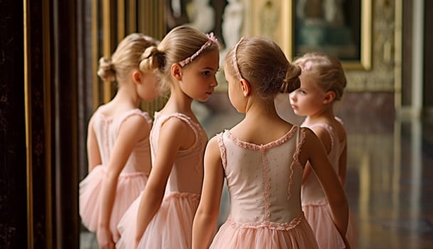 Cute ballerina little girls in pink tutu dance practice in the room, kid ballet concept. Adorable children dancing together classical ballet in studio cute performance in pink