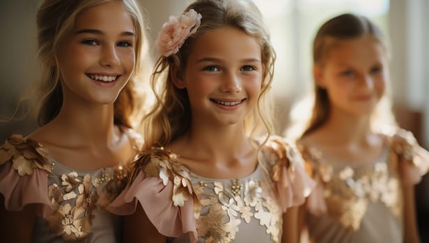 Cute ballerina little girls in pink tutu dance practice in the room, kid ballet concept. Adorable children dancing together classical ballet in studio cute performance in pink