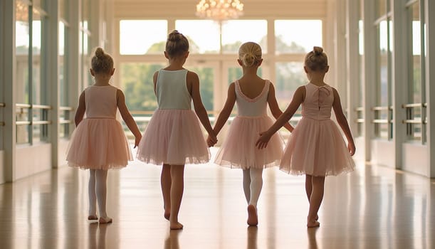 Cute ballerina little girls in pink tutu dance practice in the room, kid ballet concept. Adorable children dancing together classical ballet in studio cute performance in pink