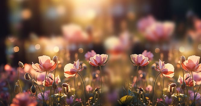 Beautiful wild flowers chamomile, purple and pink wild peas, sunlight morning haze in nature close-up macro. Landscape wide format, copy space. Delightful pastoral airy artistic image. cosmos