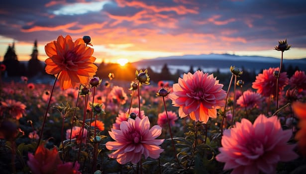 Beautiful wild flowers chamomile, purple and pink wild peas, sunlight morning haze in nature close-up macro. Landscape wide format, copy space. Delightful pastoral airy artistic image. cosmos