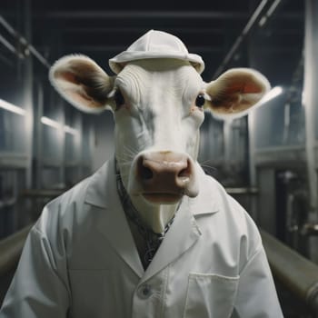 A cow in a white coat works on a modern dairy farm. Promotional poster for a milk producer